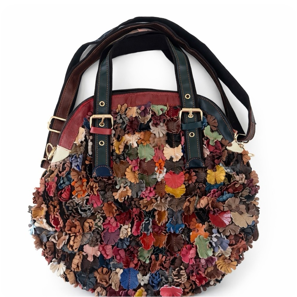 Boutique Leather Floral Appliqué Tote Bag – Multicolor Statement Purse